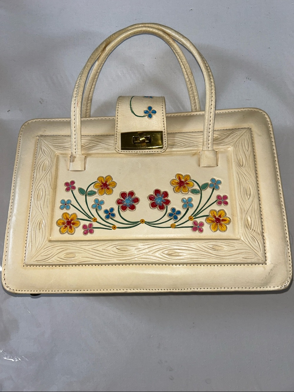 Vintage 60s-70s Mexican Hand Tooled Painted Floral Leather Satchel Box Purse